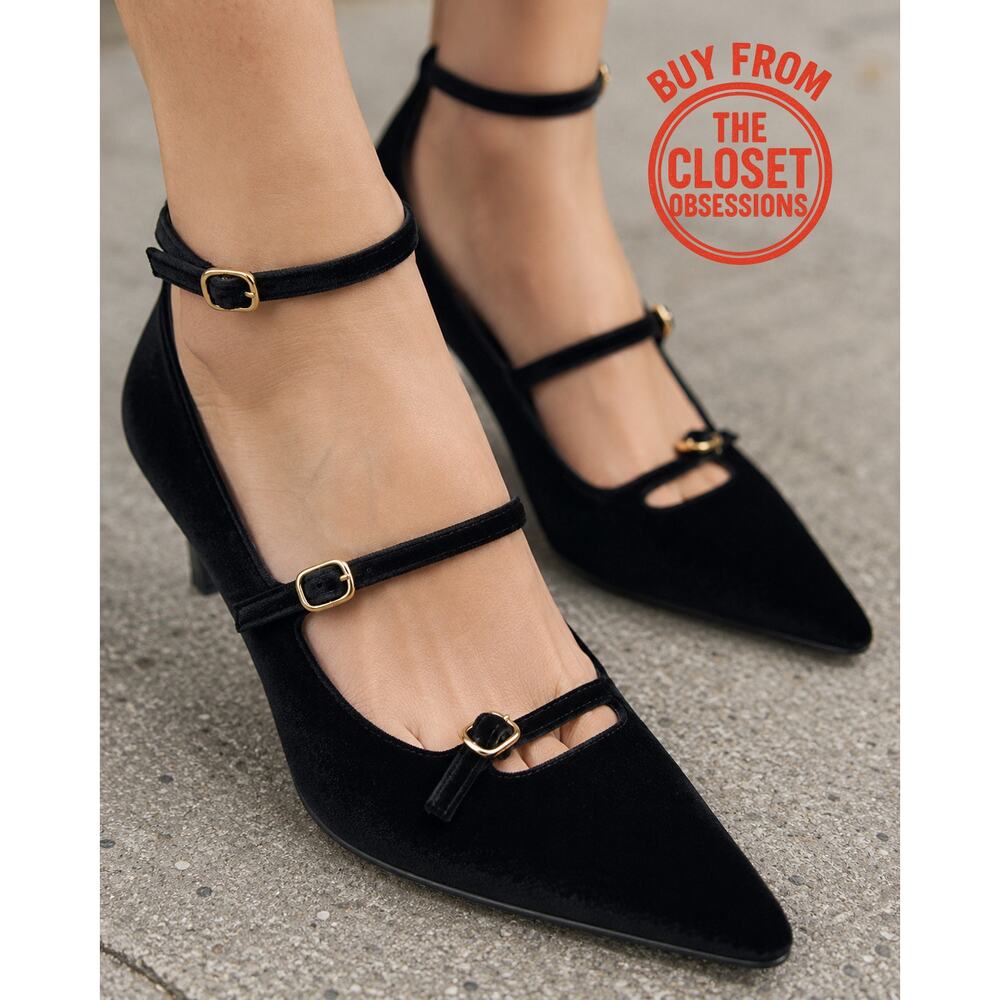 ZARA Velvet Mary Jane Heels NWT Black Pointed Toe Multi Strap Pumps Size 9 - Picture 3 of 16